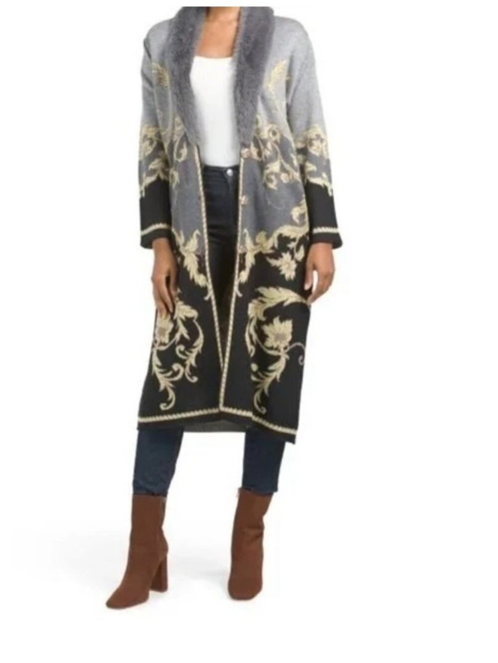 VERTIGO Paris Baroque Scrolls Cardigan Faux Fur Collar Sweater Duster‎ Coat Sz L